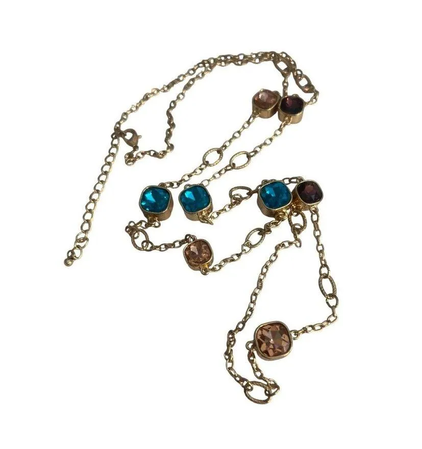 Gold Tone Chain Necklace Glass Stations Reversible Blue Pink Double Layer Adj 44 - Image 4