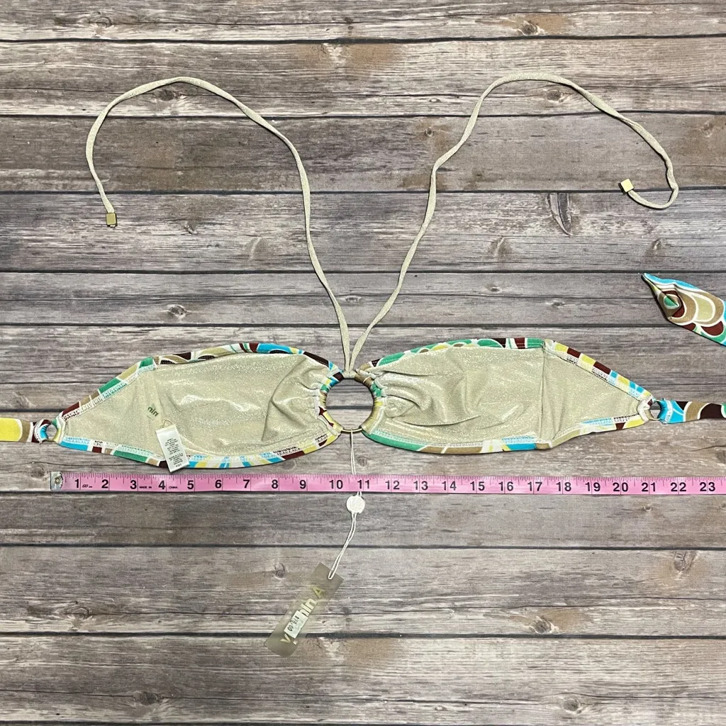 Vitamin A Bandeau Halter Ring Accent Bikini Top NWT Large Brown Blue Green White - Image 7
