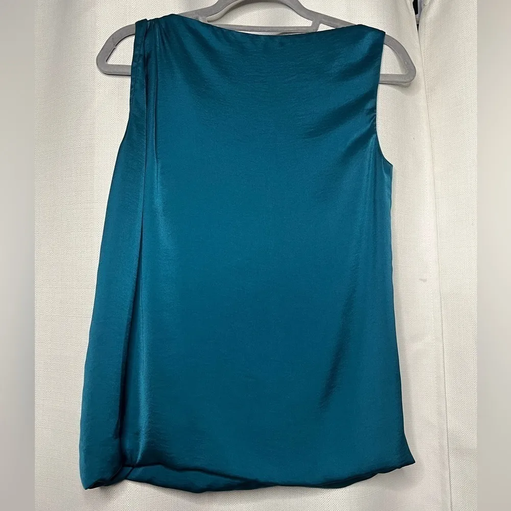 Vince Teal Satin Boat Neck Sleeveless Blouse Small - Image 2