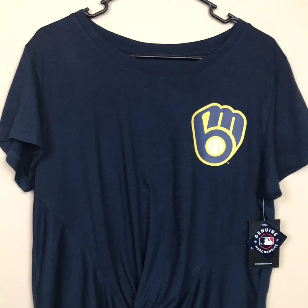 NWT New Era Women’s Milwaukee Brewers Graphic Knot Twist Short Sleeve Shirt Blue Size XL - Image 2