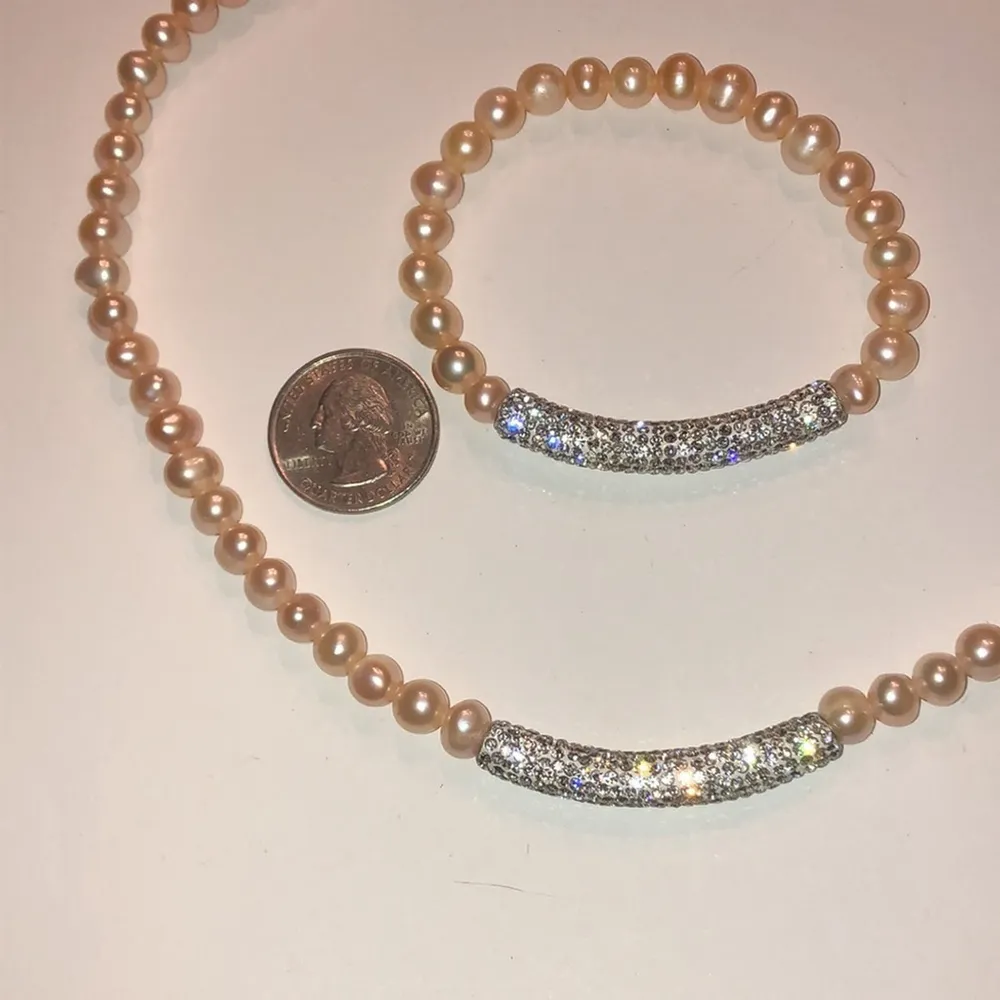 Pale Pink Genuine Pearls CZ Rhinestone Necklace Bracelet Set - Image 2