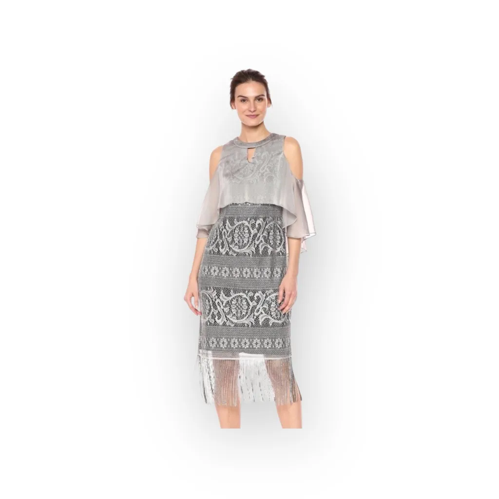 new SLNY SL ᯾ Cold Shoulder Cape Popover Fringe Cocktail Dress ᯾ Silver ᯾ Small - Image 13