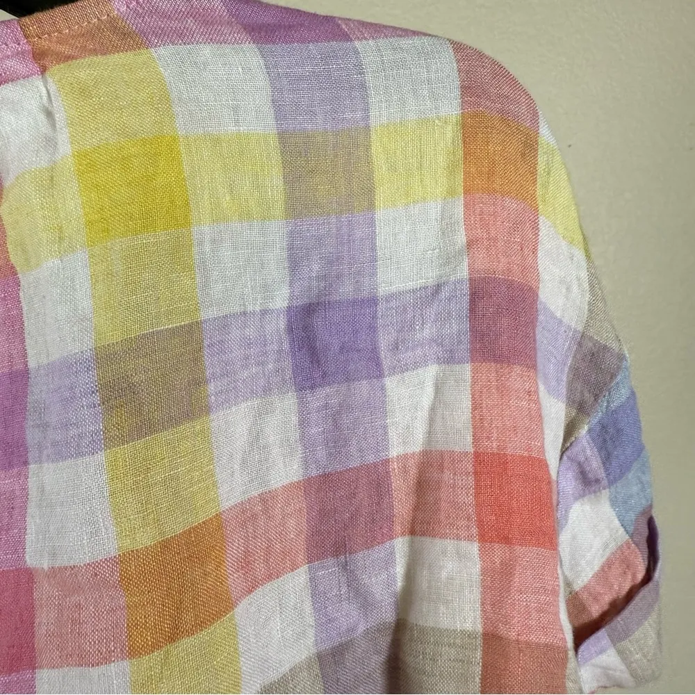 Pastel Plaid Linen Blouse Cottagecore Short Sleeve Tie Front Preppy Summer Plaid - Image 8