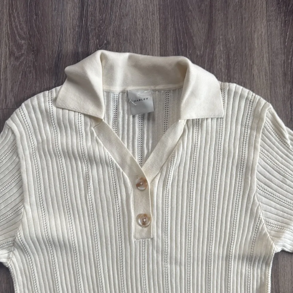 Varley Cream Ribbed Knit Dress Large Andrea Pointelle Maxi Dress Casual Stretch - Image 5