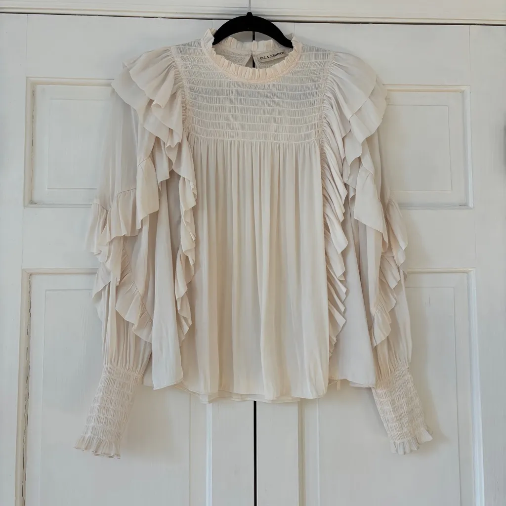 ULLA JOHNSON Jessamine Blouse Ivory Smocked Cascading Ruffles Mock Neck Size 4 - Image 8