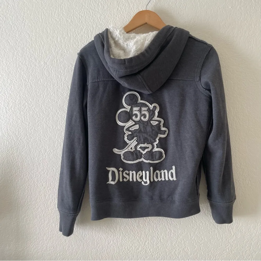 Disney Parks Disneyland 55 Years Faux Fur Hoodie Sweater Embroidered Grey Small - Image 6