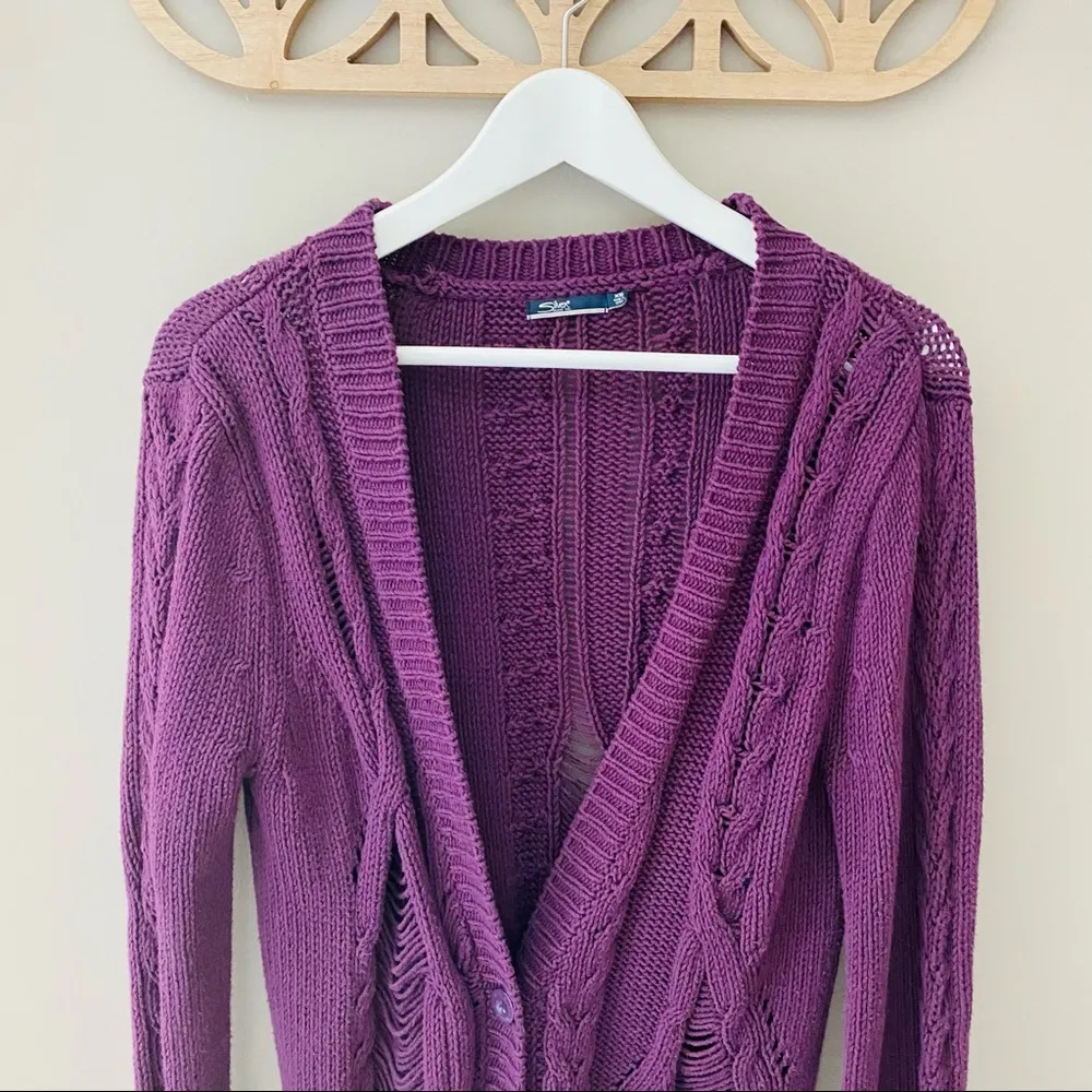 Silver Distressed Long Sleeve Knit Button Cadigan Purple Sz XS - Image 2