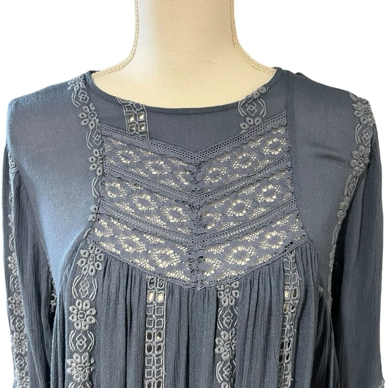 Free People Womens Boho Lace Eyelet Tunic Top Dress XS Coachella Fairy Western - Image 3