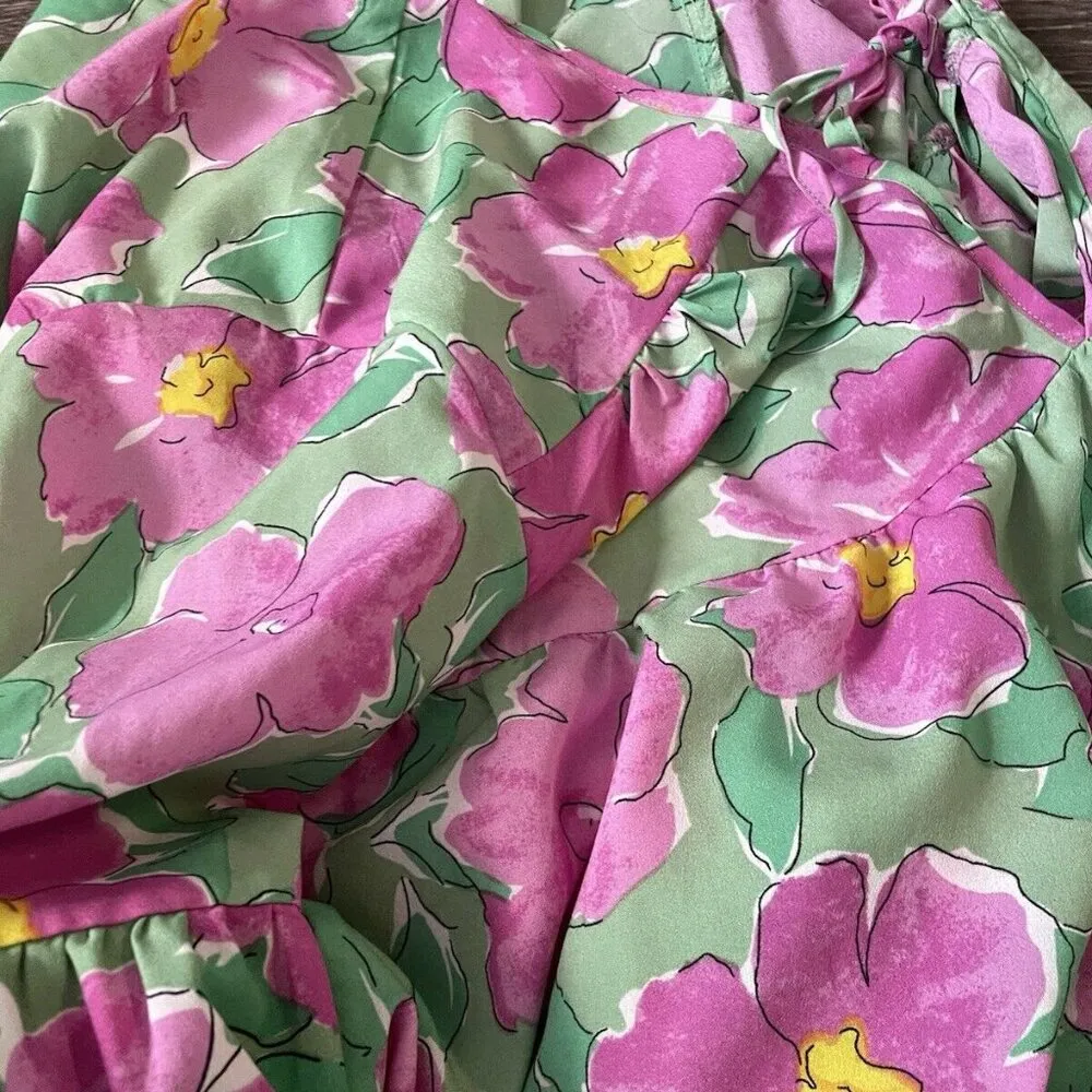 Vintage 90s Blouse Green Pink V Neck Abstract Print Tie at Side Waist Size L Size L - Image 13