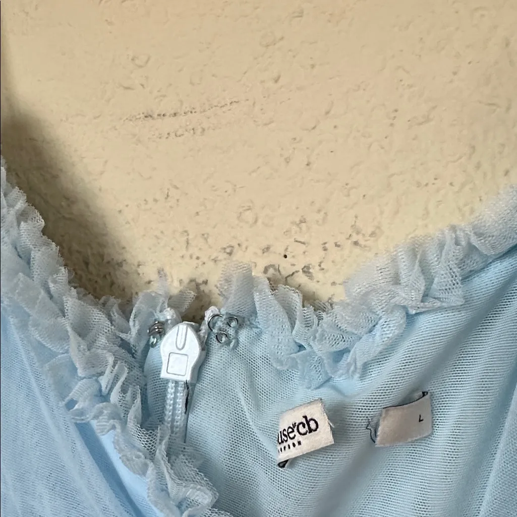 NWOT House of Cb Gabbi Blue Ice water Ruffle front Mesh Cocktail Dress sz L - Image 9