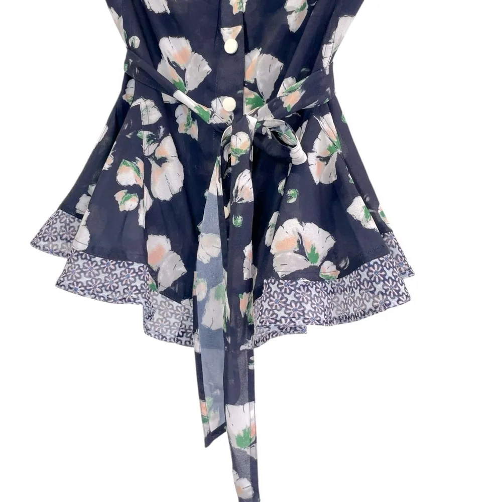 Byron Lars Navy Blue and White, Peach and Green floral sleeveless top size 6 - Image 6