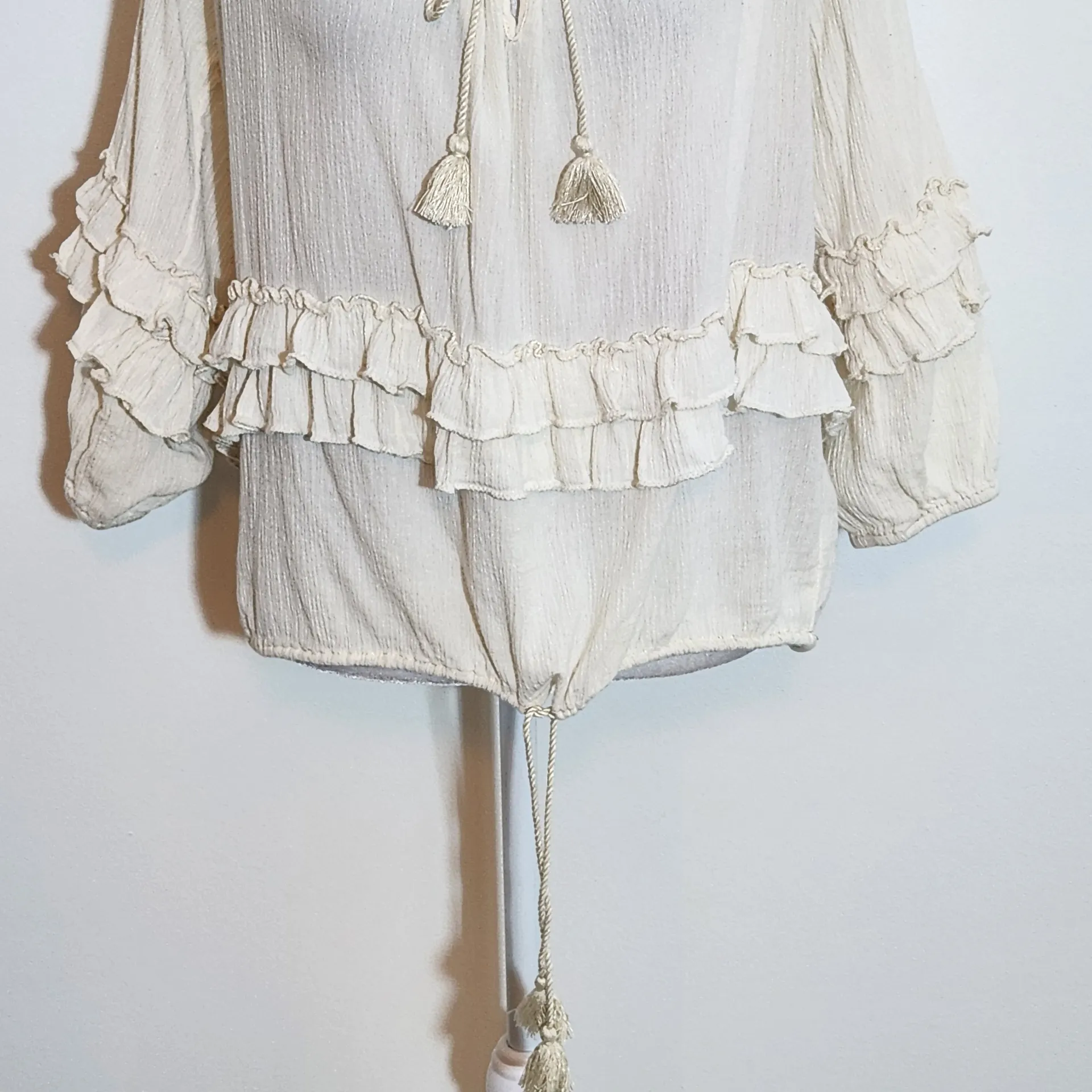 Denim & Supply Ralph Lauren Cream Boho Ruffle Blouse with Tassel Tie Size Small - Image 2