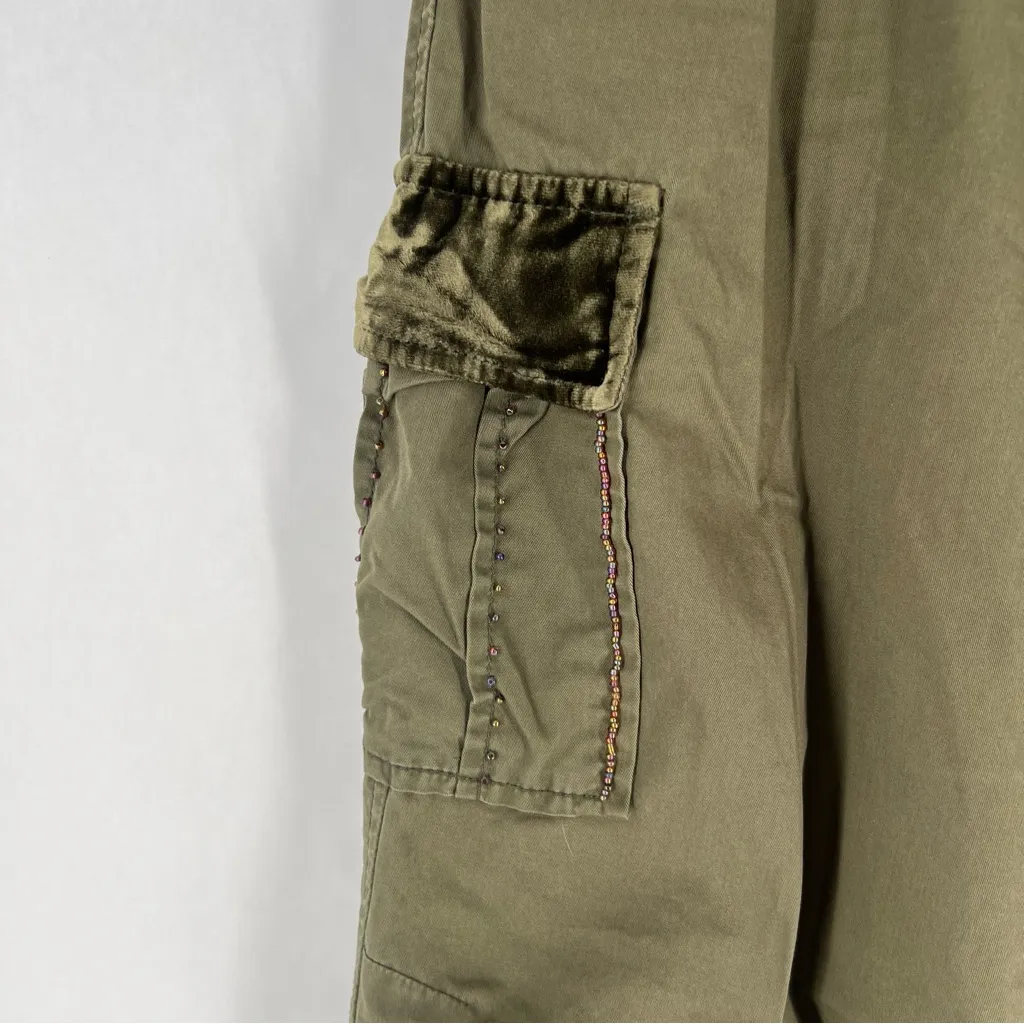 Express Vintage Y2K Olive Cargo Pants Floral Velvet Patch Appliqué Roll Tab 4‎ - Image 4