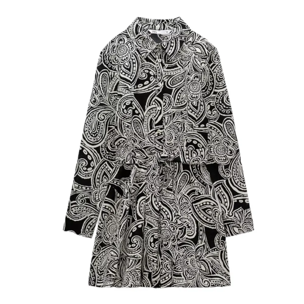 Zara Cotton Floral Button Up Collared Long Sleeve Mini Dress In Black/White - Image 3