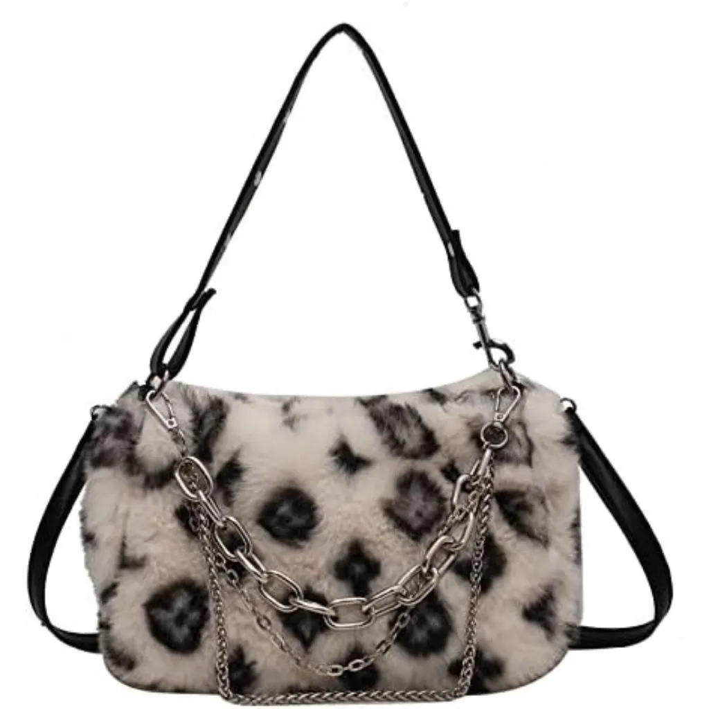 ⚡ Women's New Leopard Cream Print Plush Vintage Zip Closure Shoulder Hobo Bag - Image 8