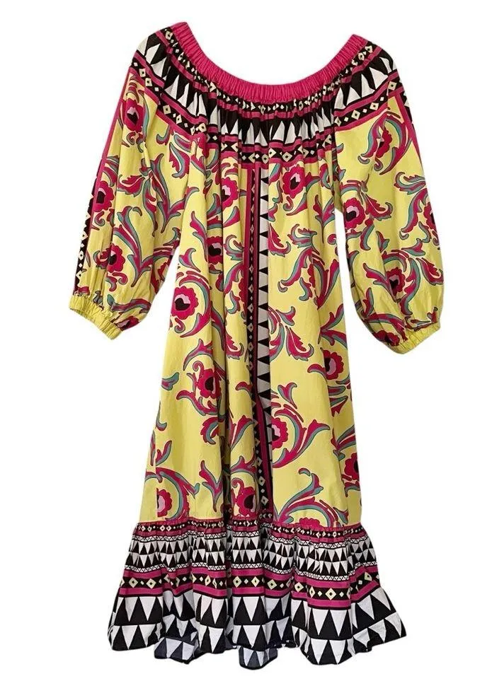 La DoubleJ Paloma short cotton trapeze dress in Cartwheel Giallo geometric print Yellow Size XL - Image 9