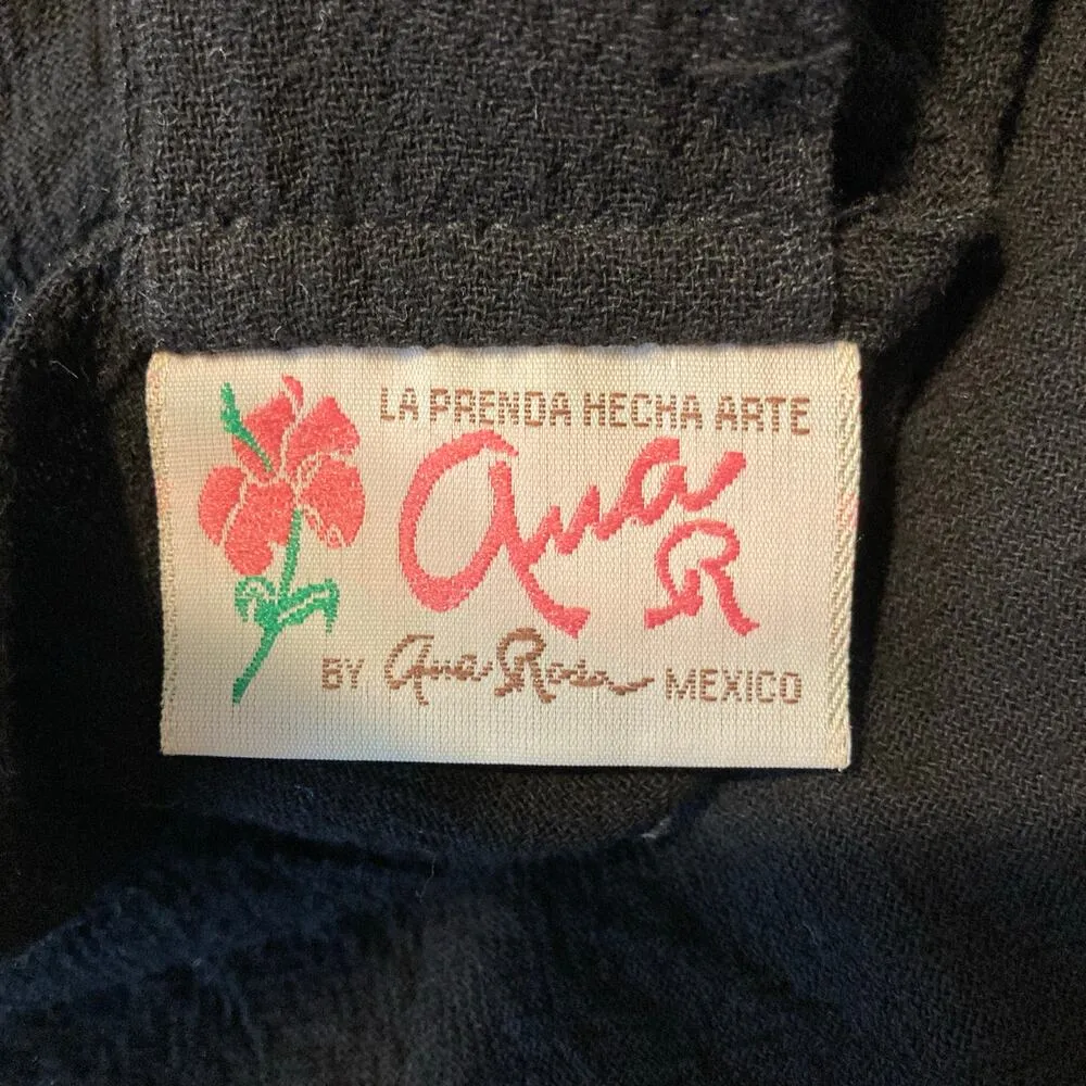 Ana Rosa Mexico La Prenda Heche Arte Handpainted Floral Art Kimono Blouse Top Black - Image 11