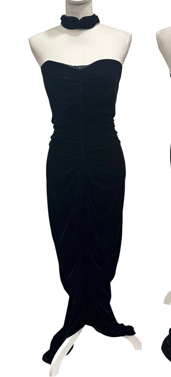 VTG 90s Jessica McClintock Black Velvet Strapless Turtle Reverse Halter Gown S - Image 2