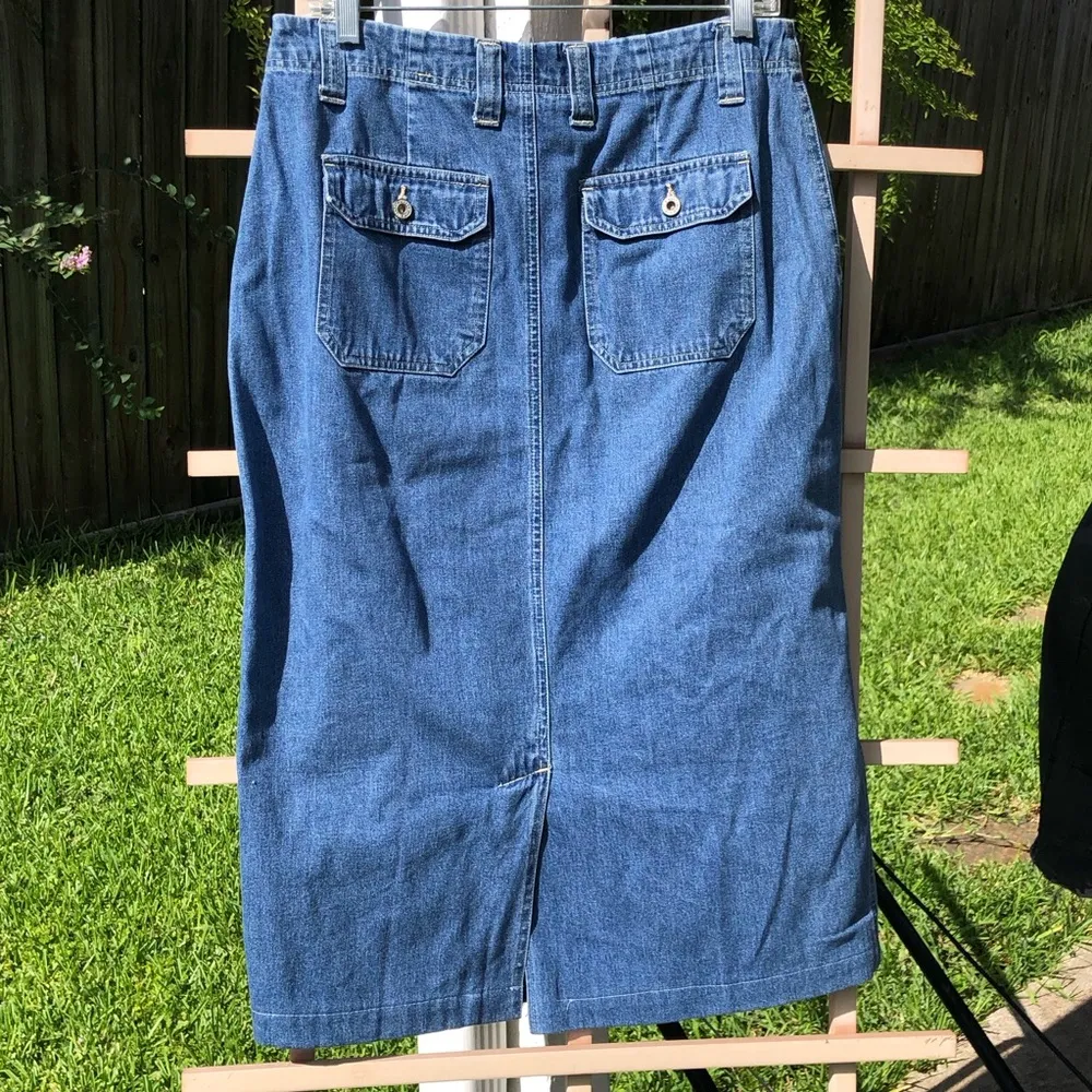 Blue Jeans Skirt Womens 10 Blue Denim Midi Skirt Back slit - Image 2