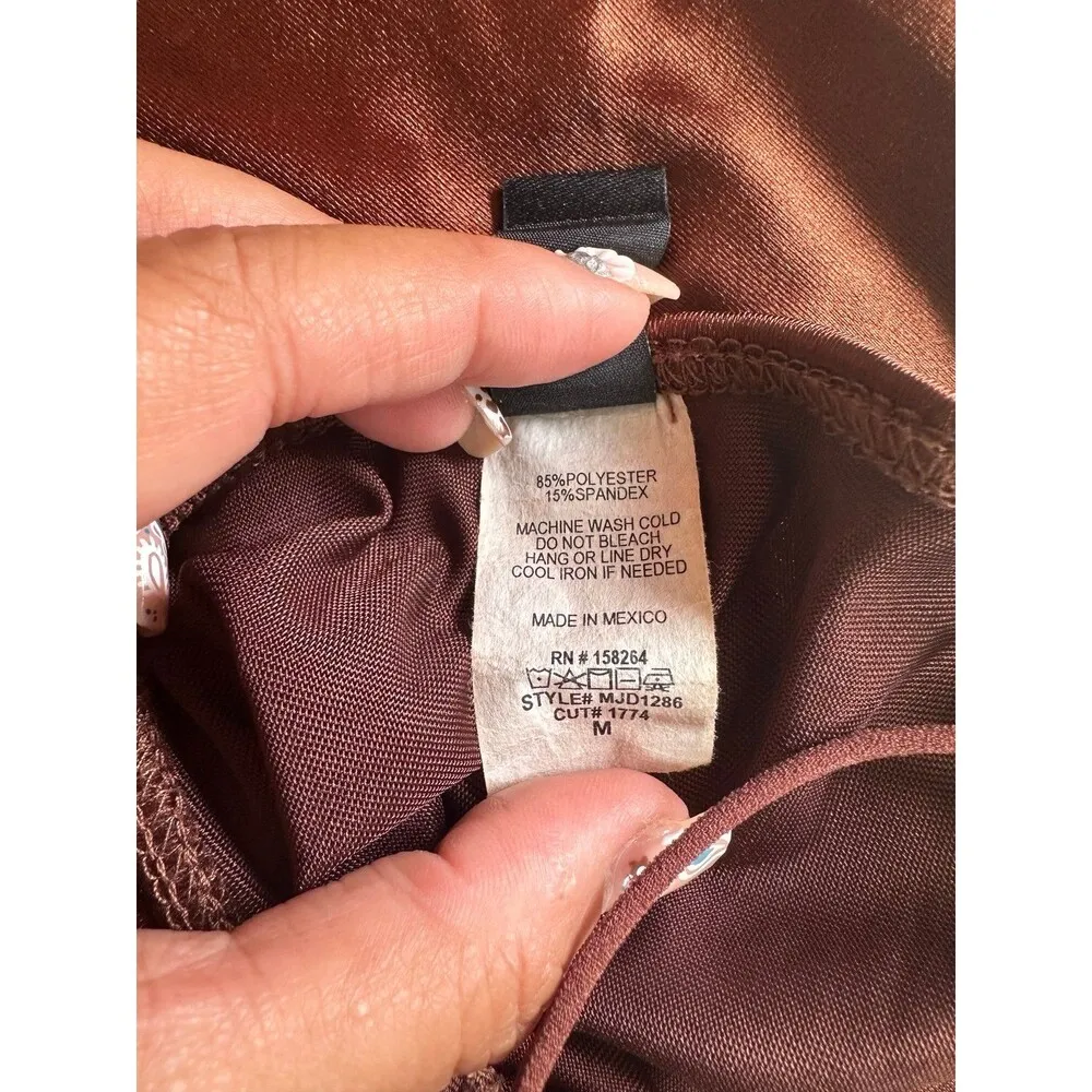 Windsor Sultry Strappy Stretch Cord Open Back Satin Brown Bodycon Mini Dress M - Image 8