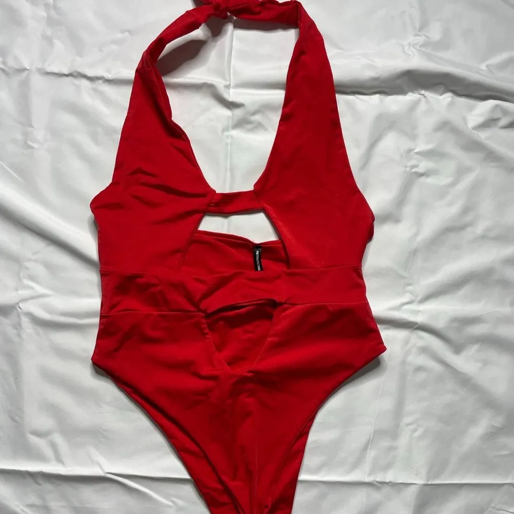 PrettyLittleThing Shape Red Cut Out Front Halterneck Swimsuit - Image 2