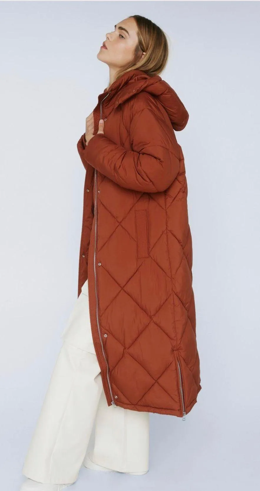 Rust Quilted Longline Puffer Hooded Jacket - Image 2