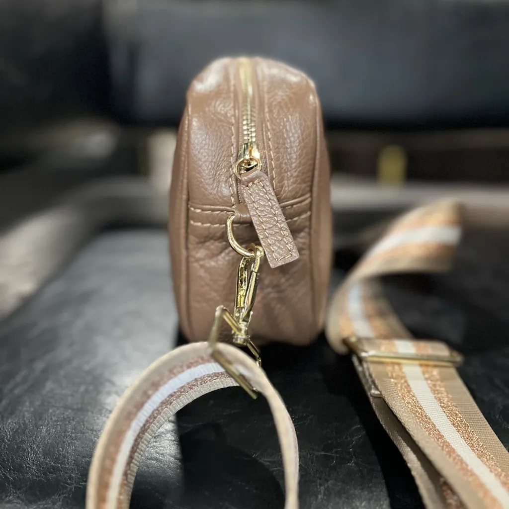 Elie Beaumont Taupe Leather Crossbody | Metallic Rose Gold EB Strap | Like New Tan - Image 11