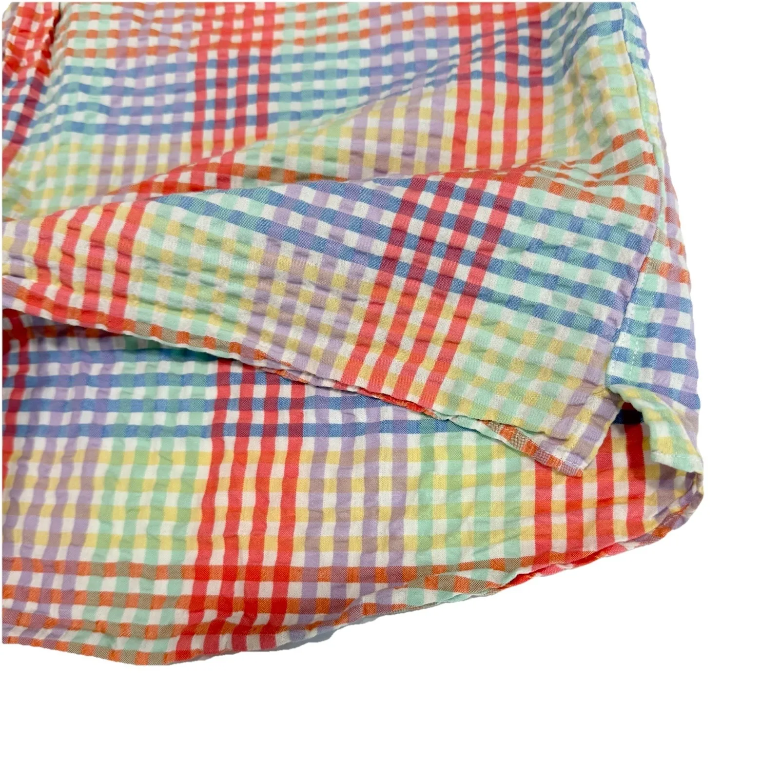 LL Bean Vacationland Seersucker Short Sleeve Colorful Plaid Popover Shirt LARGE - Image 8