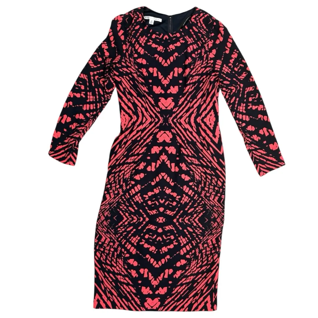 Maggy London Abstract Print Long Sleeve Midi Dress Size 10 Black Coral Geometric - Image 12