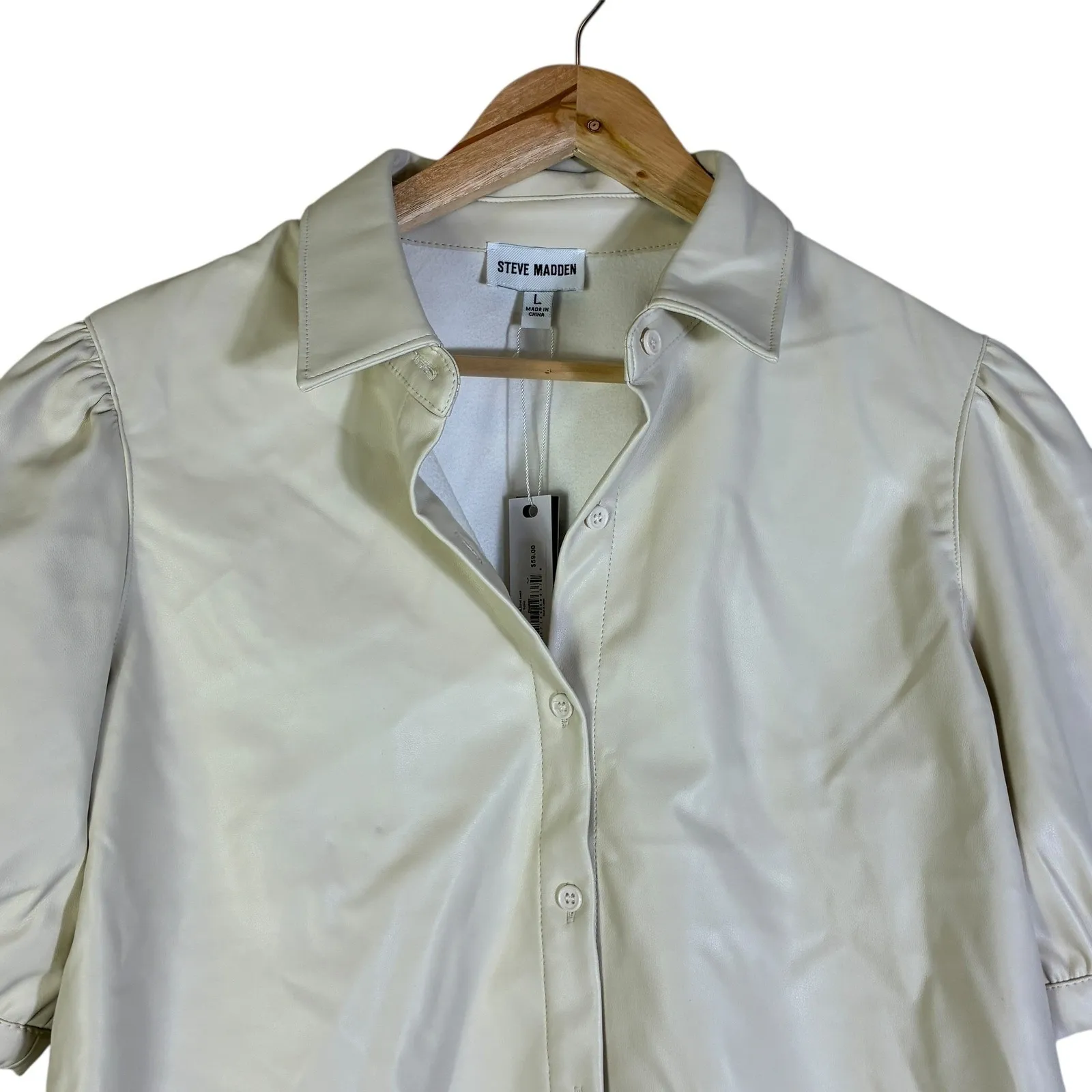 NWT Steve Madden Womens Faux Leather Puff Sleeve Top Size L Cream Clean Girl - Image 3
