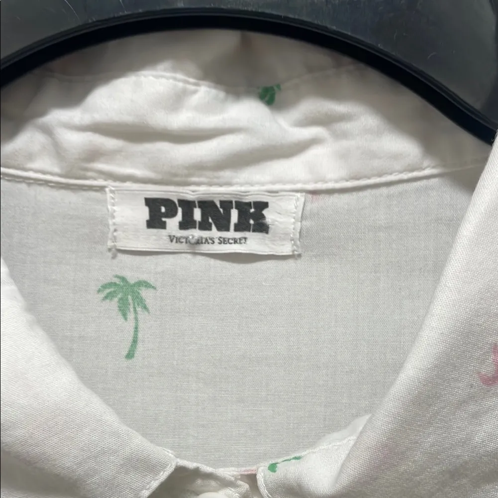 PINK Victoria's Secret Casual Button Down Shirt White and Green - Image 4