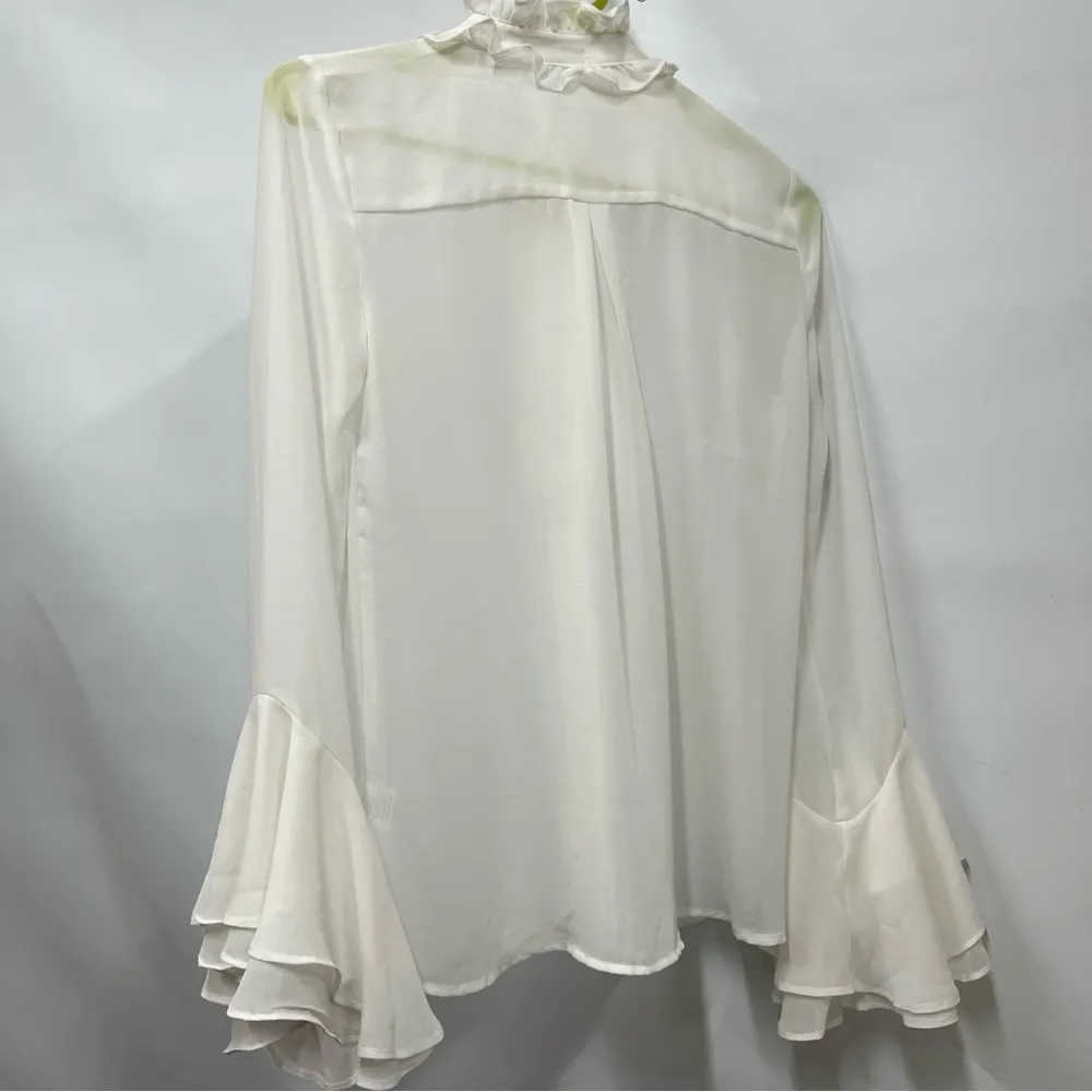 Victorian xs ruffled button down off white sheer ruffle blouse FLAWED - Image 2