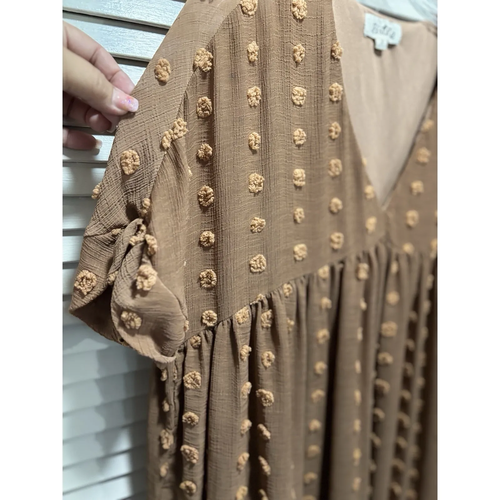 Listicle Brown Babydoll Midi Dress Size Sm Chiffon Short Sleeve‎ Lined V Neck - Image 5