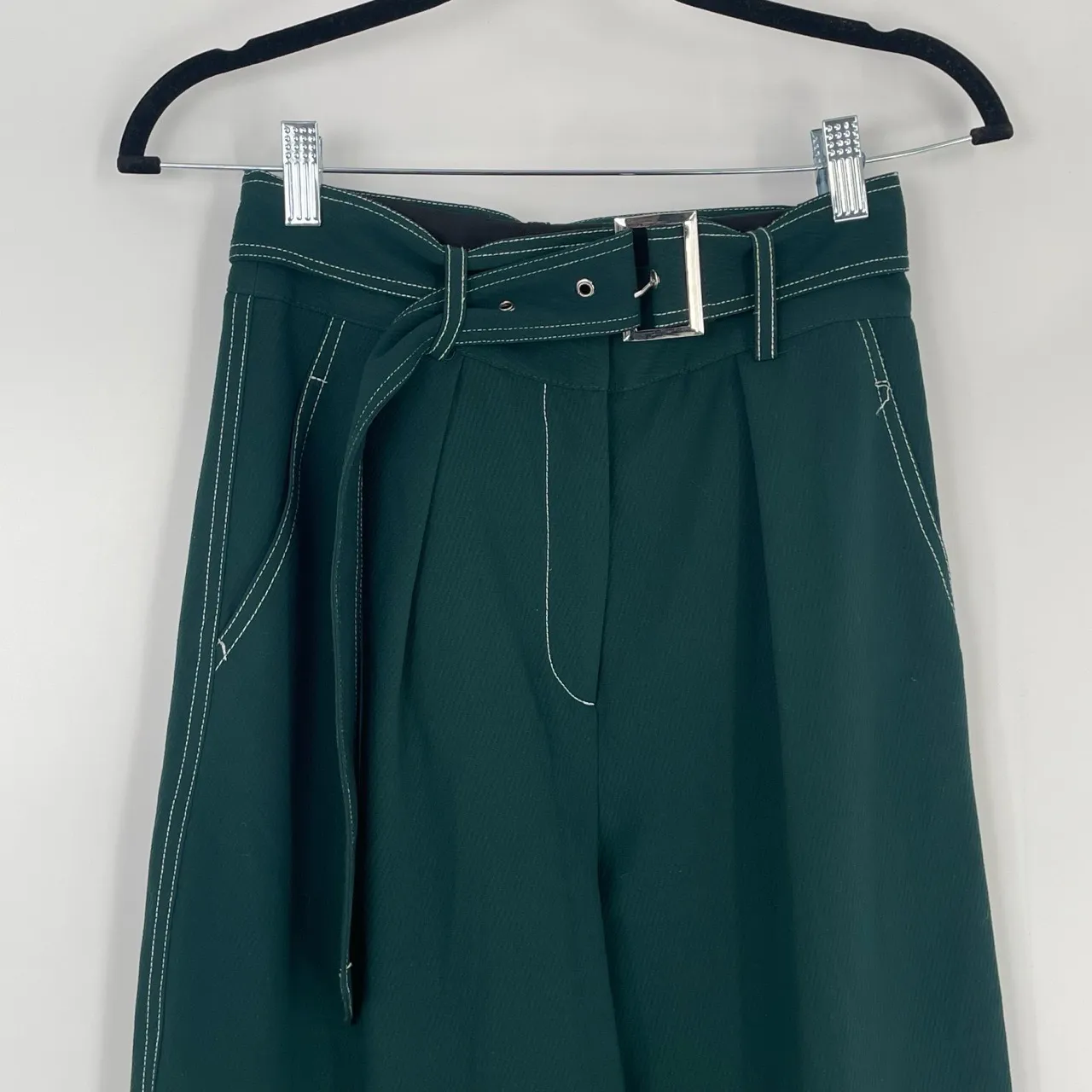 Topshop Women's Green Belted Contrast Stitch Highwaisted Trousers Pants Size US4 - Image 7