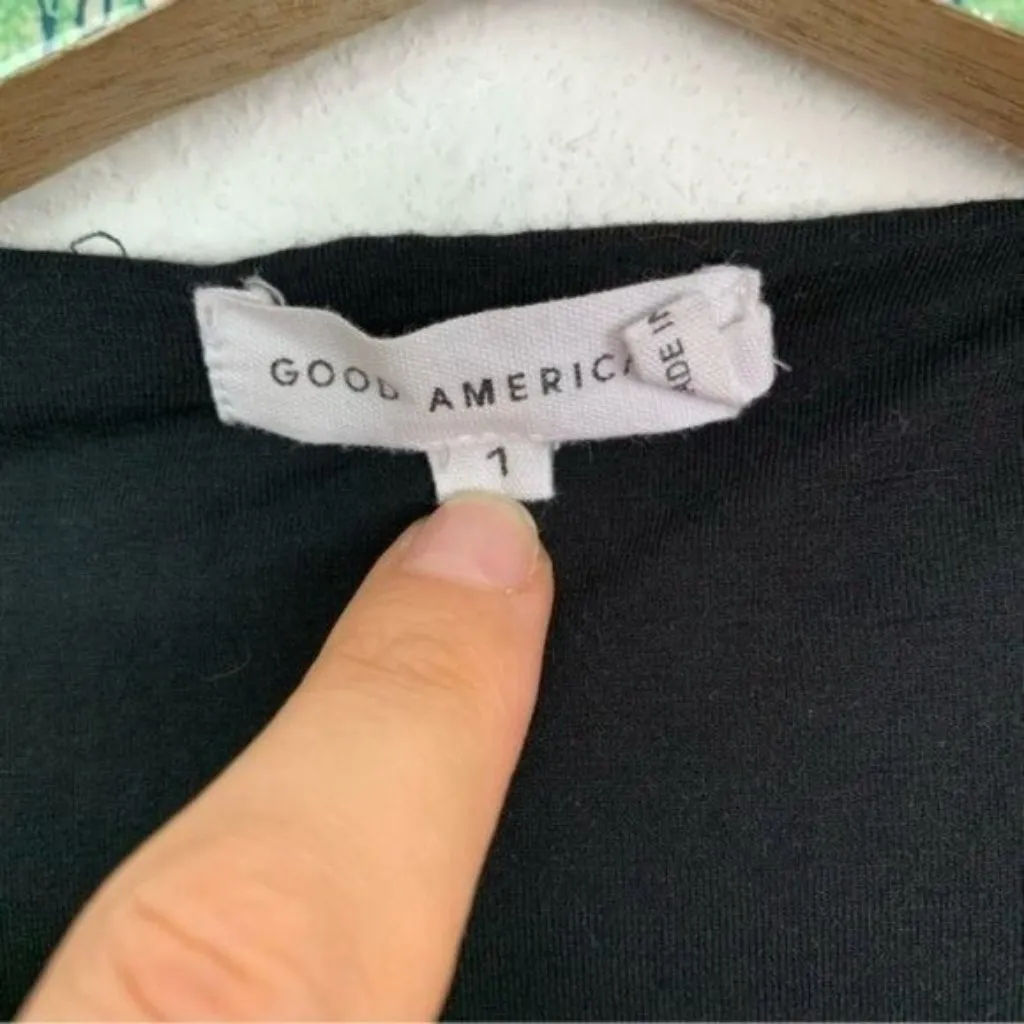 Good‎ American Black Ribbed Square Neck Short Sleeve Stretch Bodysuit Size 1 - Image 7