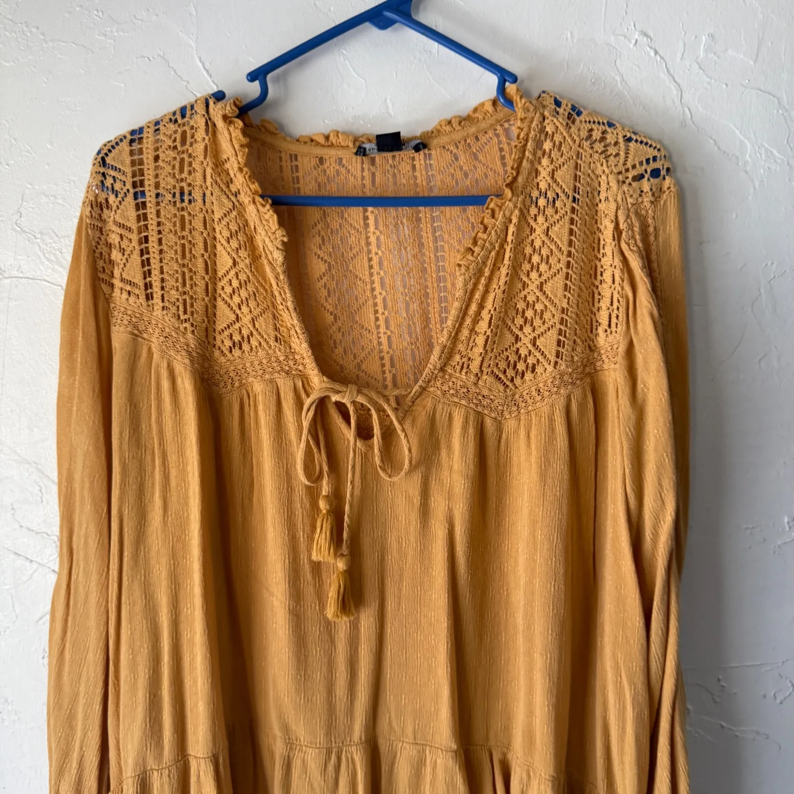 American Eagle Tunic Top M Crochet Long Sleeve Tie‎ Front Peasant Western Boho Yellow Size M - Image 2