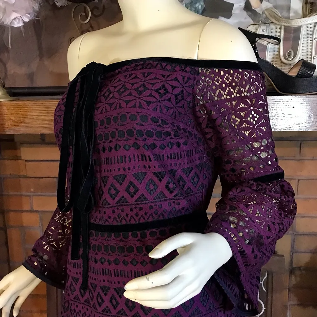 LIKELY "KAKKI" PURPLE & BLACK CROCHET LACE OFF THE SHOULDER MINI DRESS NWT (10) - Image 8