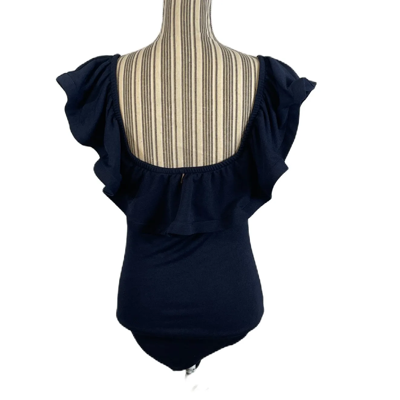 Misa Los Angeles Navy Blue Lyda Stretch Crepe Ruffle Bodysuit Size Large - Image 3