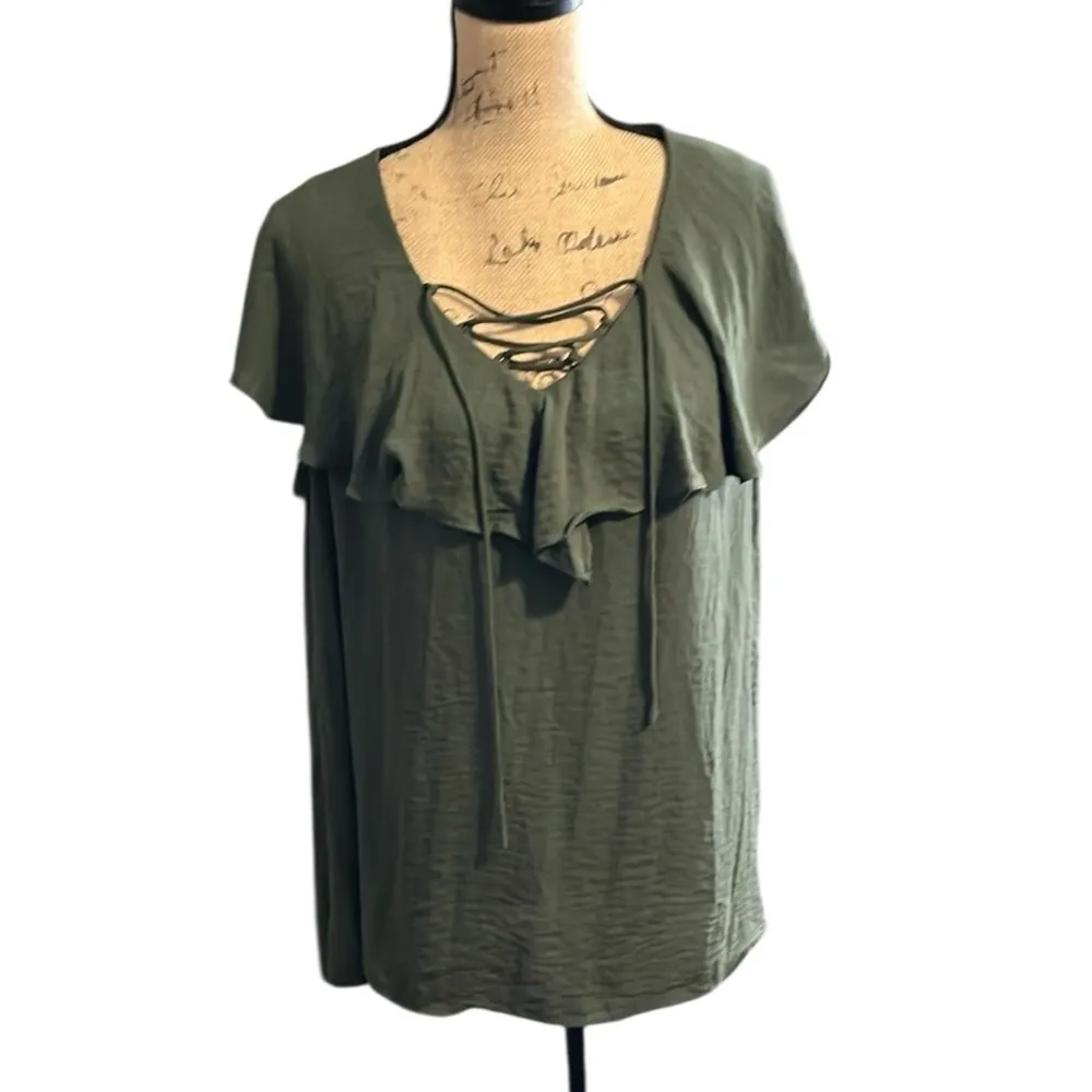 Boutique Olive Green Ruffle Lace Front Blouse - Image 2