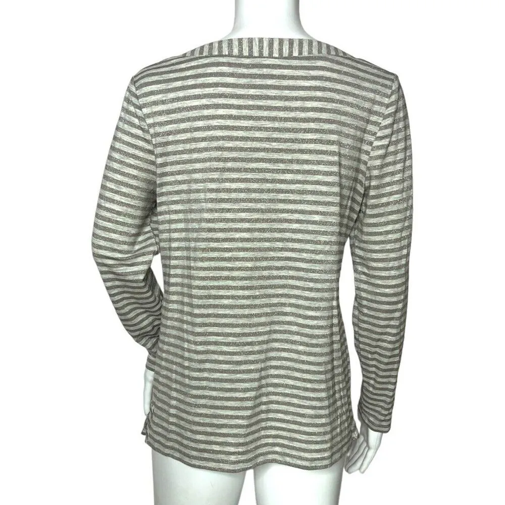 Chicos Shirt Womens Small Gray White Striped Silver Glitter Basic Neutral Casual - Image 3