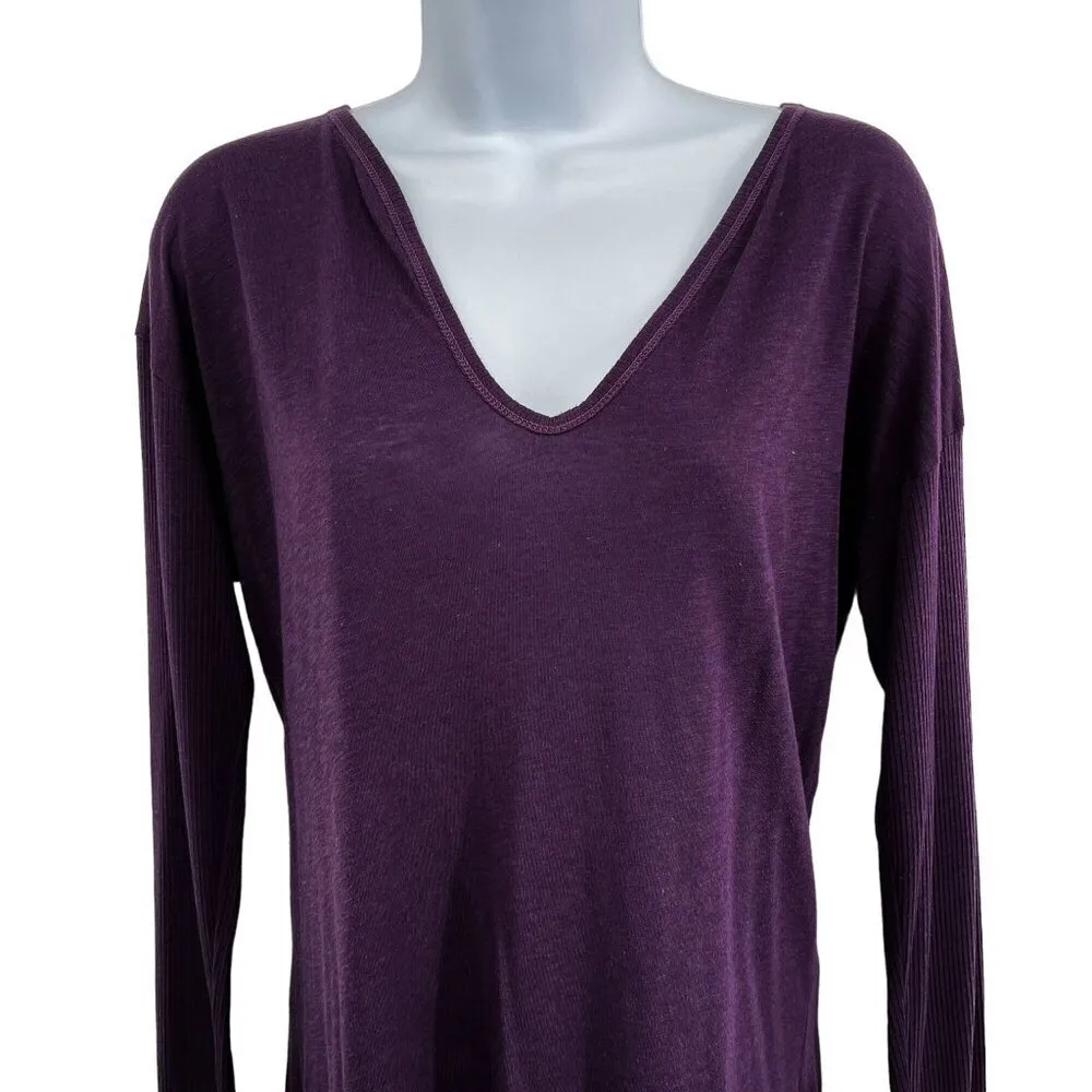 Michael Stars Modal Supima Cotton V Neck Ribbed Long Sleeve Shirt Top Purple - Image 3