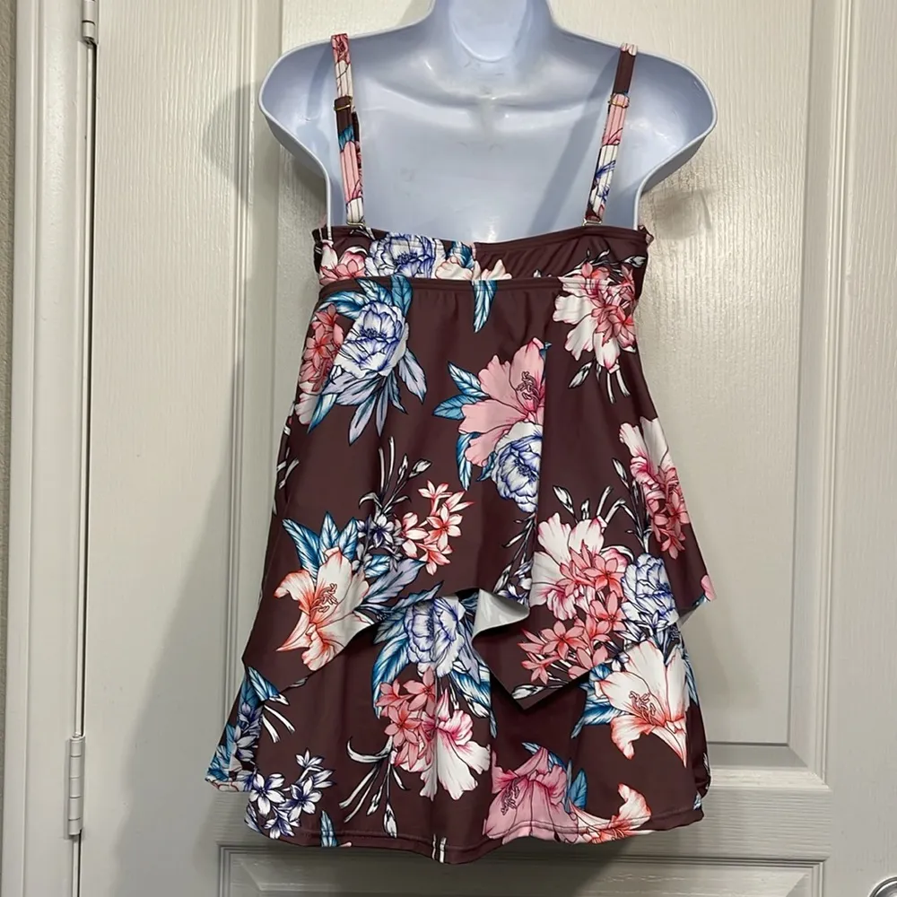 VENUS Brown Floral Flyaway Tankini Skort Bikini Bottom Size 6 EUC #5068 - Image 9