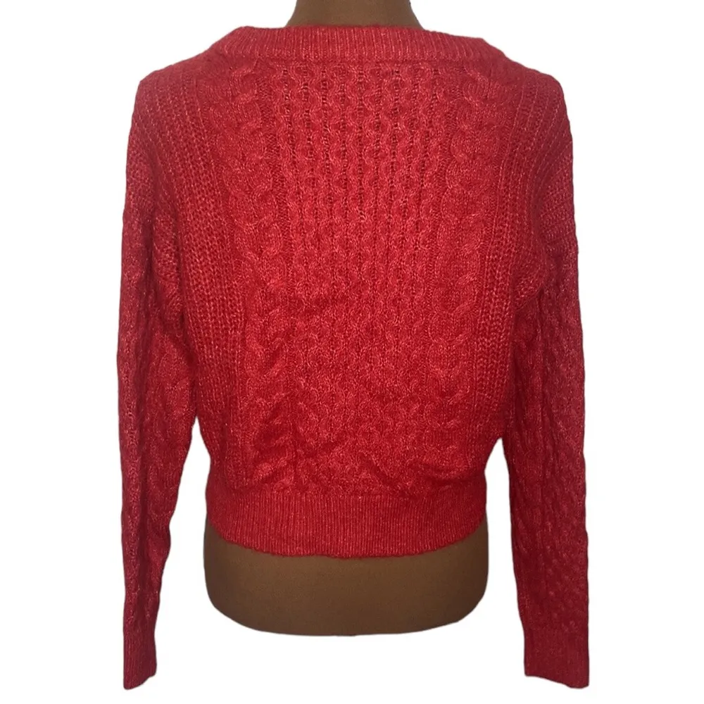 red cable knit alpaca wool blend cropped Crewneck sweater S - Image 2