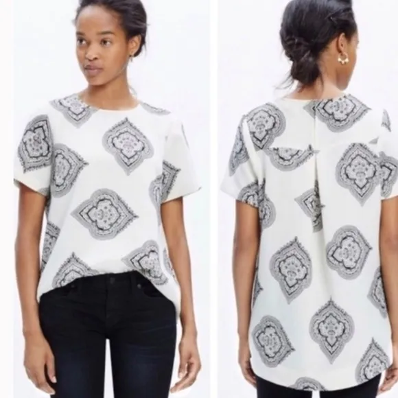MADEWELL Estate Paisley Printed Tailored Short Sleeve White Black Blouse Top - Image 2