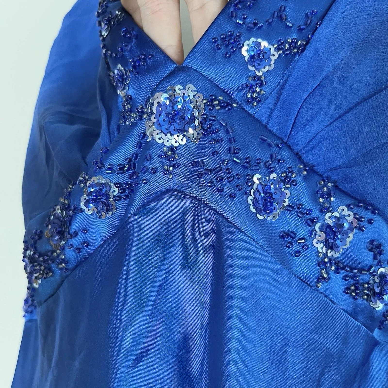 OC By OC Blue 100% Silk Maxi Dress Sz 14 Halter Straps Beaded Sequin Evening - Image 4