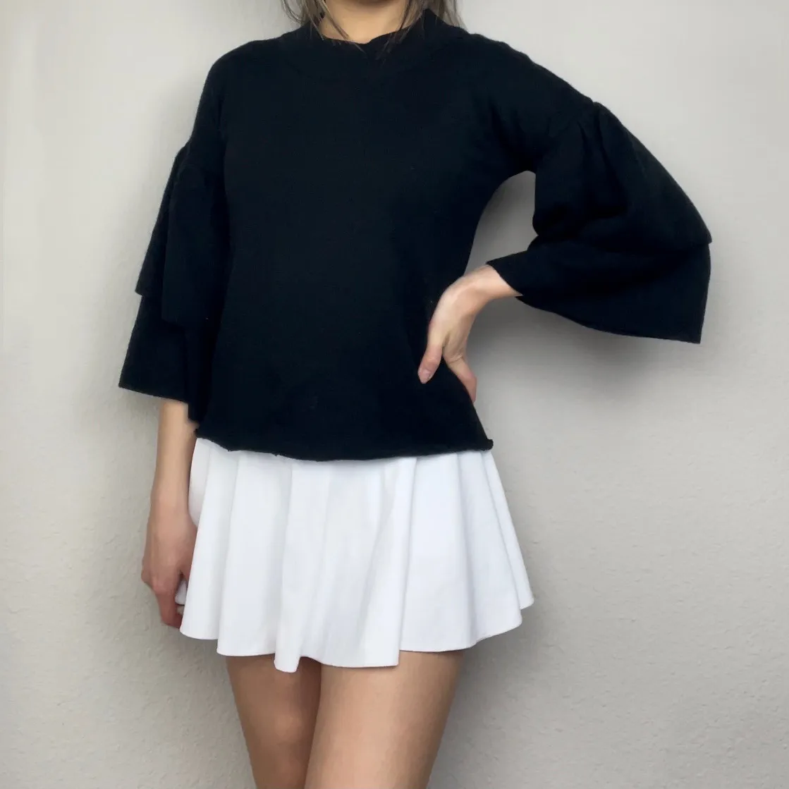 Planet Gold Black Three-Quarter-Sleeve Ruffle Sweater Blouse Top - Image 3