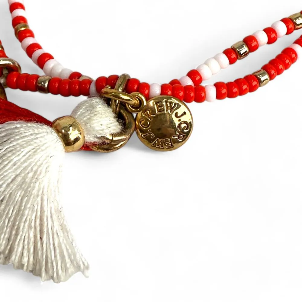 J Crew Beaded Stretch Bracelet Red and White Gold Tone Leaf Charm - Image 3