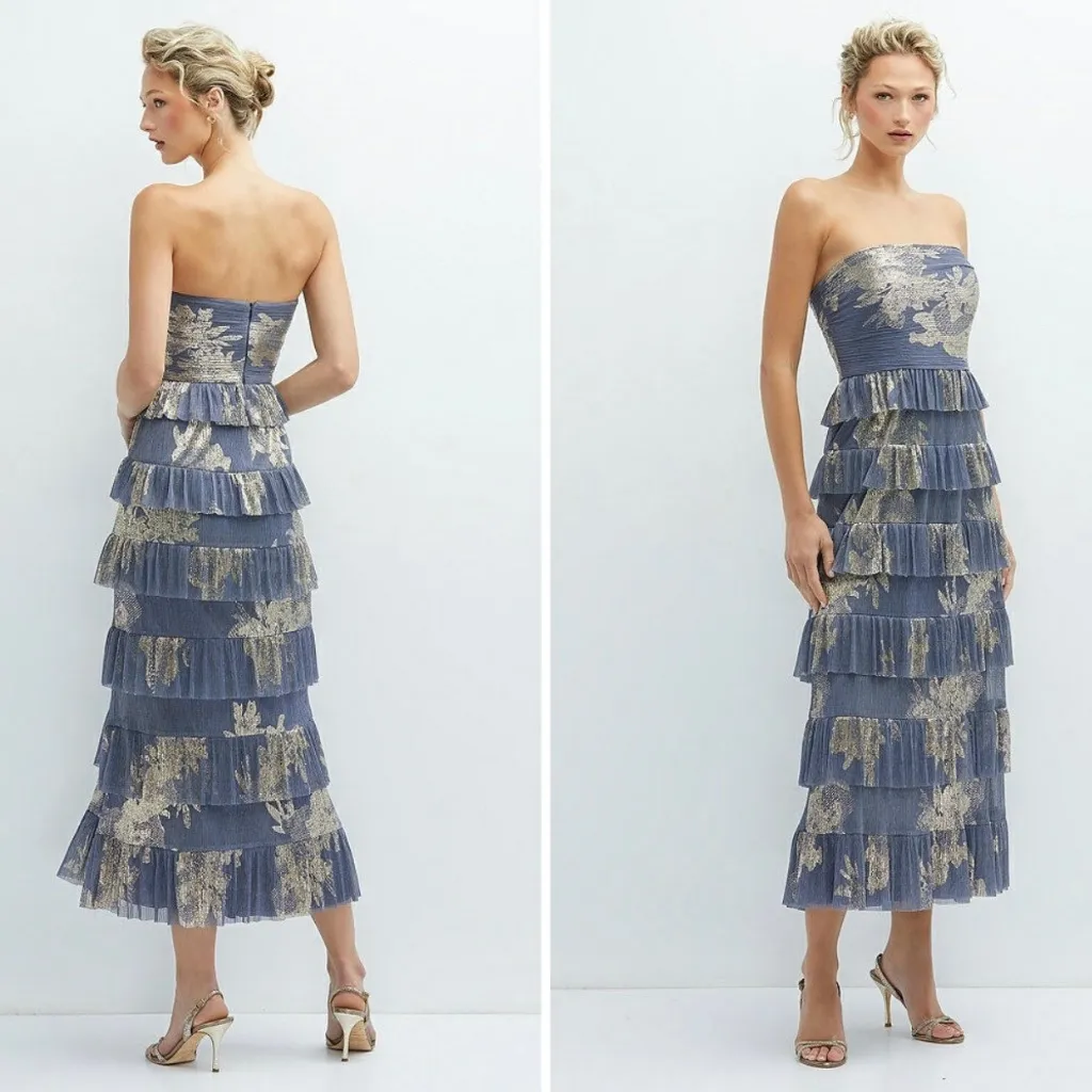 After Six Ruffle Tiered‎ Skirt Metallic Pleated Midi Dress Size XS - Image 12