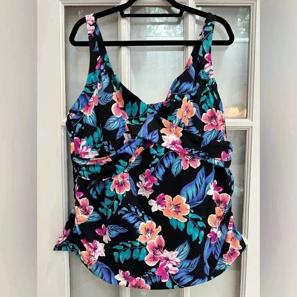 Lands’ End Wrap Underwire Tankini Swimsuit Black Hibiscus Floral Plus Size 22W - Image 3