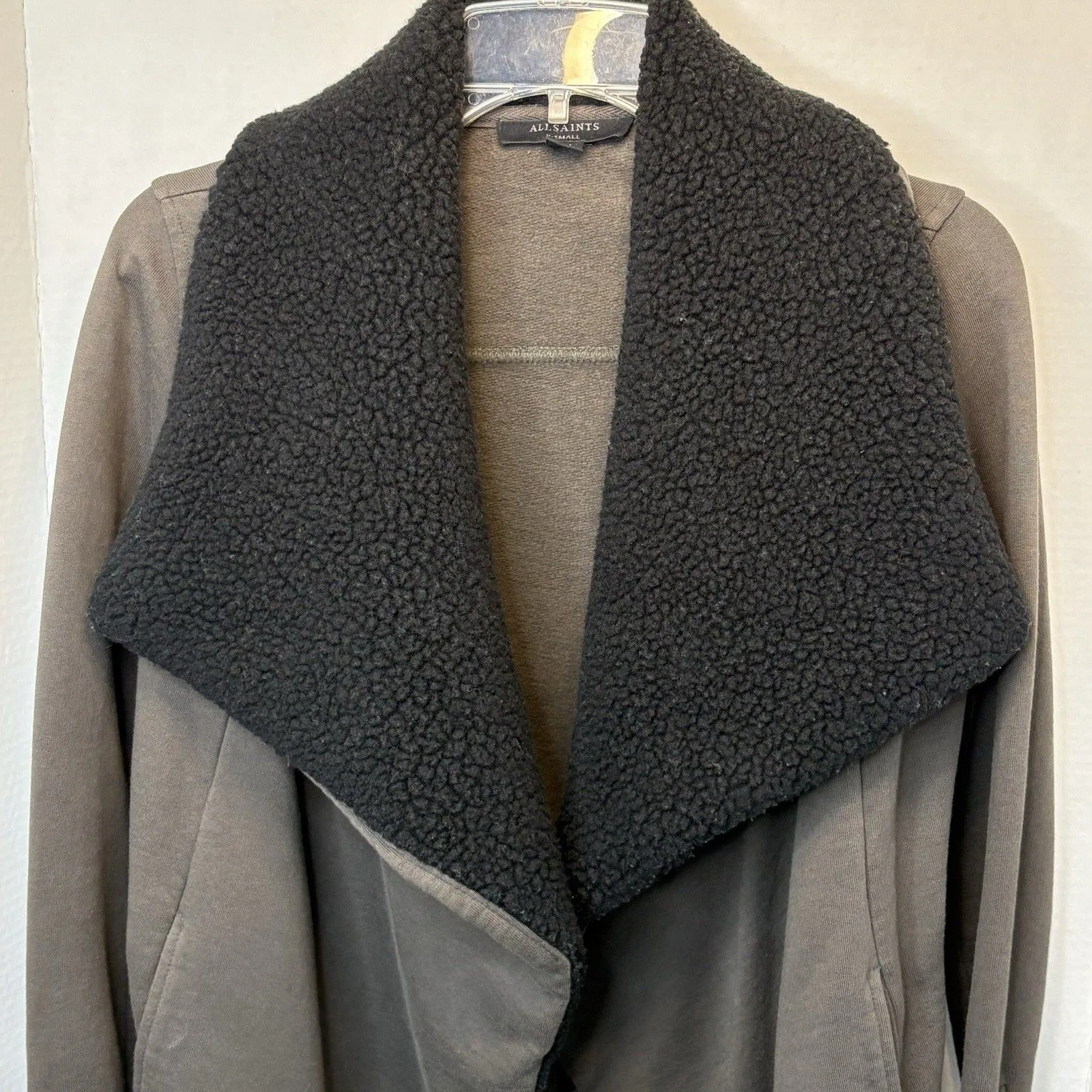 AllSaints Bora Women's Black/Gray Fleece Open Jacket Size XS Faux Fur - Image 2